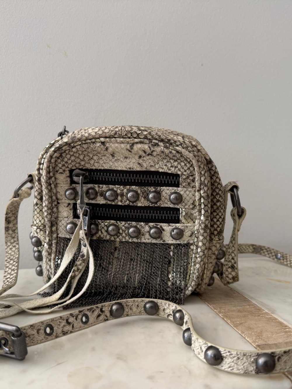 Ash Snake-Print Studded Crossbody in Beige and Black